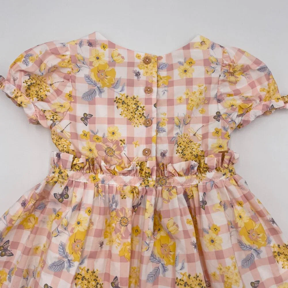 Haute Hippie Dress Gingham Floral Girl Size 2T Pink Yellow White‎ Puffed Sleeve